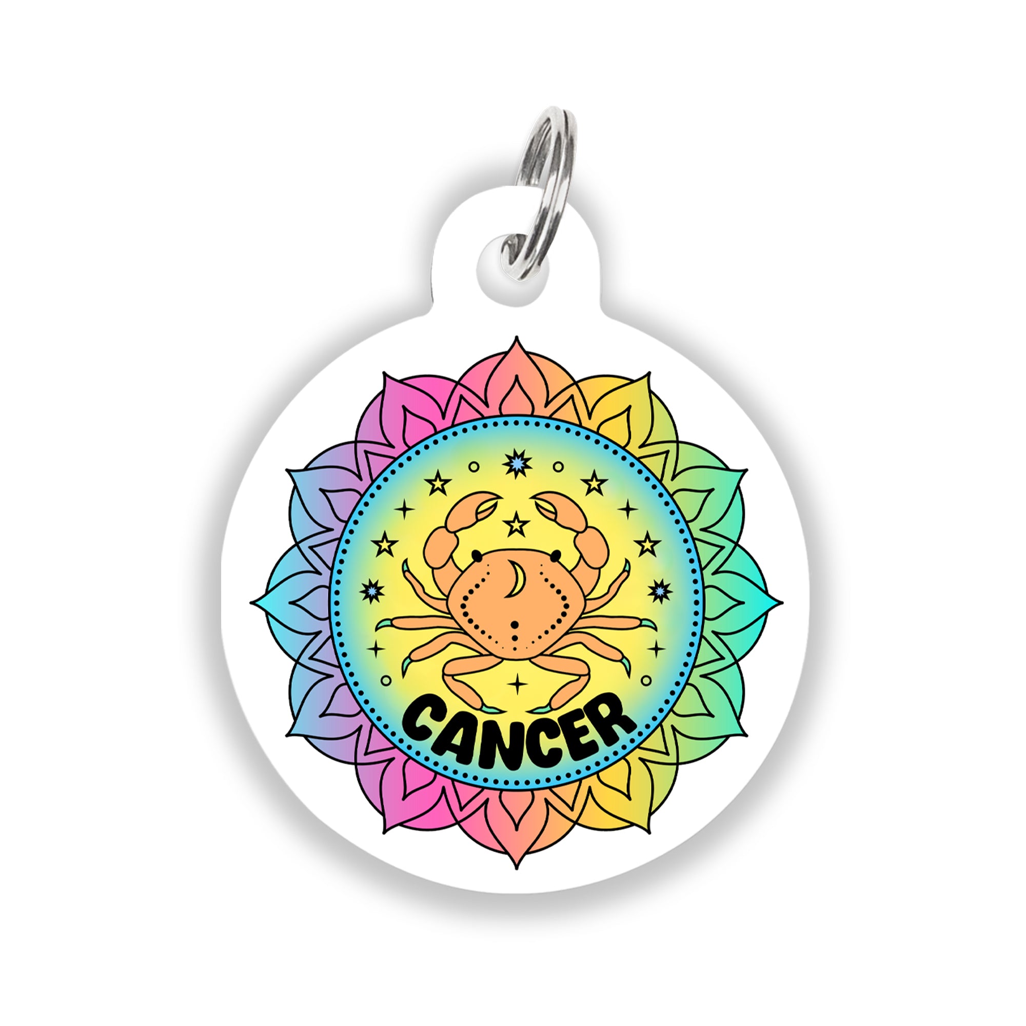 Bright rainbow Cancer zodiac pet ID tag featuring a crab symbol in the center of a mandala-style background.