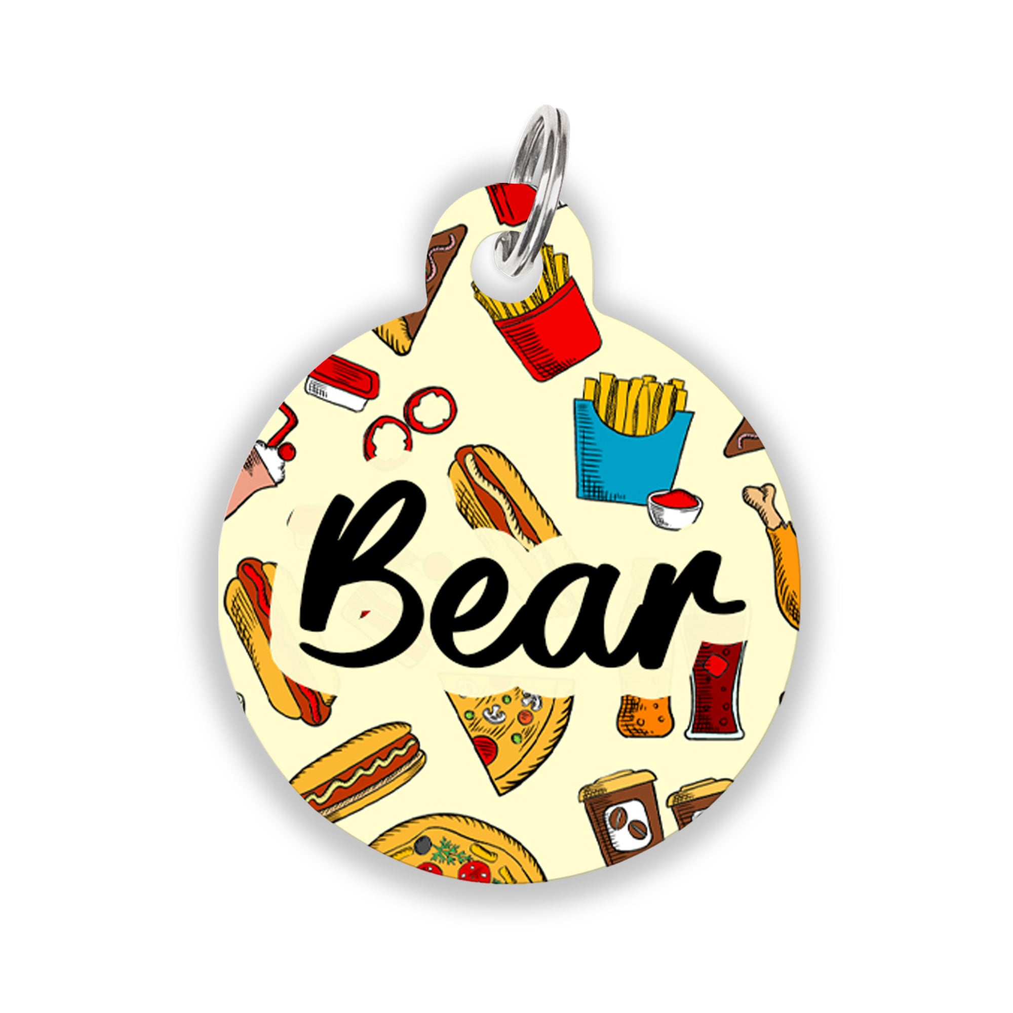 Round pet ID tag with colorful fast food illustrations including fries, pizza, hot dogs, and soda on a light background.