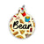 Round pet ID tag with colorful fast food illustrations including fries, pizza, hot dogs, and soda on a light background.