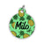A round green pet ID tag decorated with bright yellow pineapples and the name "Milo" in bold black script, attached to a silver keyring.