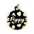 Black pet ID tag with popcorn pattern and the name "Poppy" written in cream white playful font in the center.