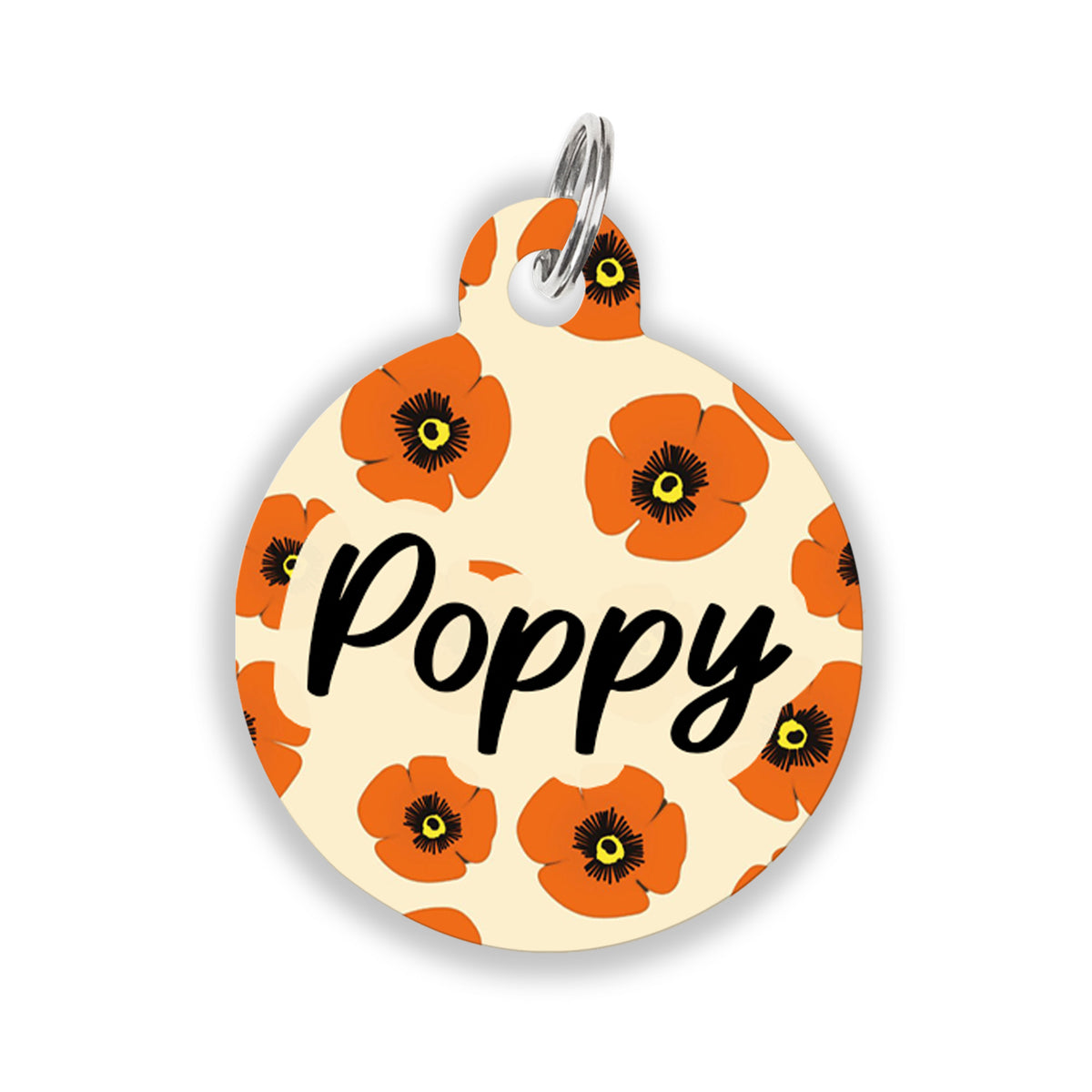 A round cream-colored pet ID tag decorated with red poppy flowers and the name “Poppy” in bold black script, attached to a silver keyring.